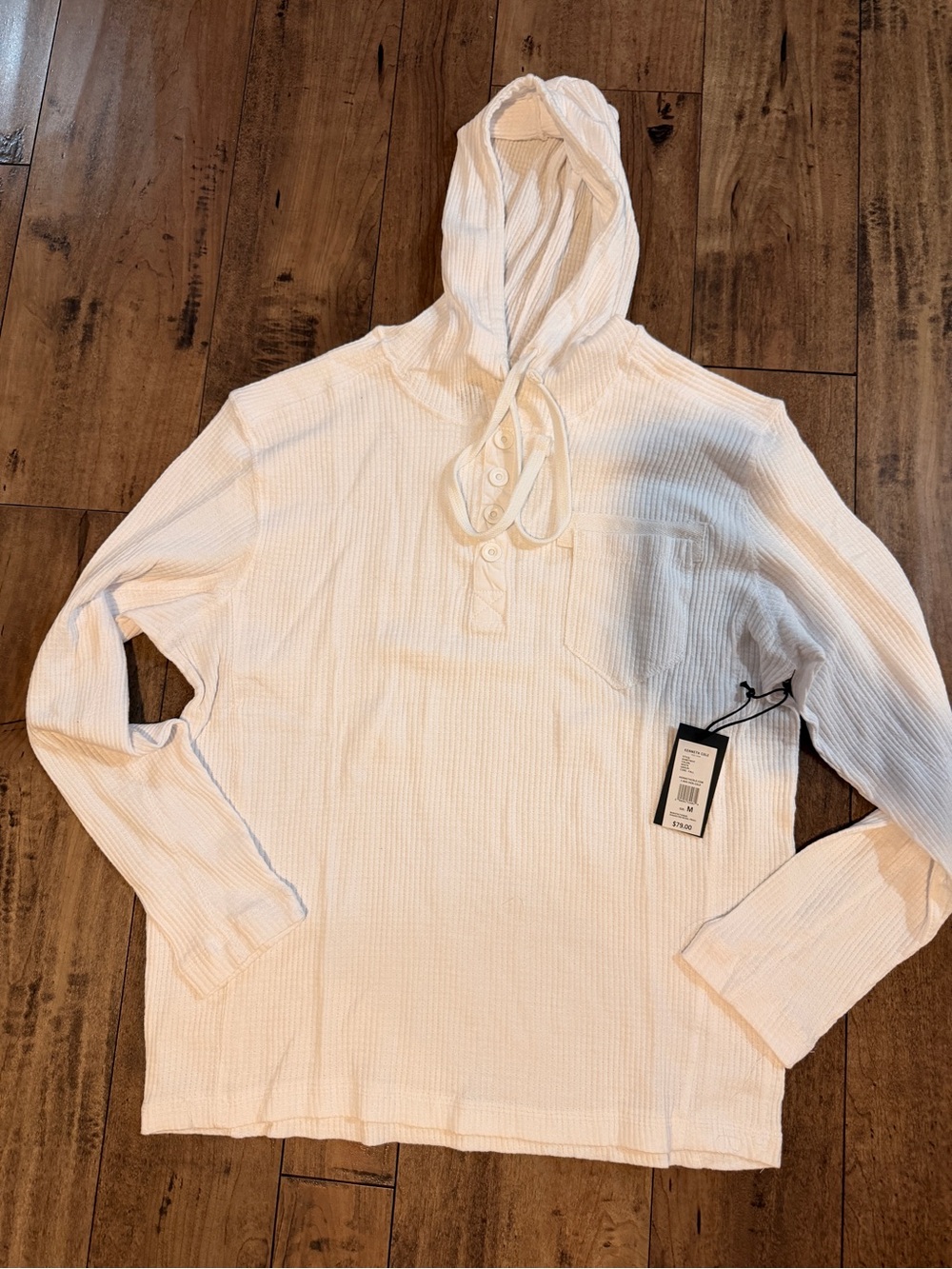 Kenneth Cole New York Mens Medium Waffle Knit Henley Hoodie White